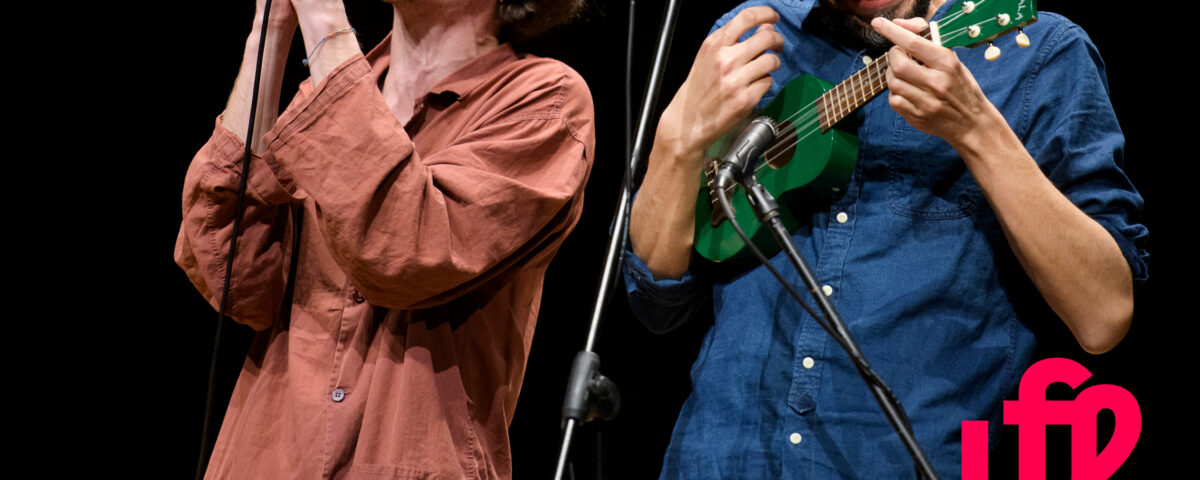 a sinistra un ragazzo con camicia color ruggine che canta a squarciagola con un microfono in mano, a destra un ragazzo con camicia blu che suona una piccola chitarra verde